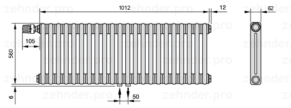 Схема (чертеж) Радиатор Zehnder Charleston 2056/22 №V007 Белый глянцевый RAL 9016